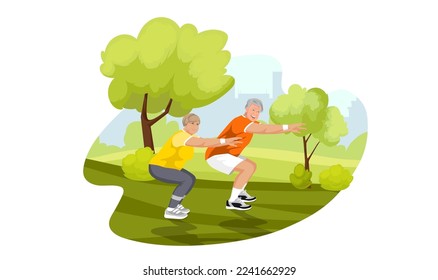 Couple of old senior and woman in city green park. Outdoor activity or healthy lifestyle. Elderly people sportswear suit doing squats stretching, morning exercise. Cartoon isolated vector illustration