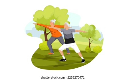 Couple of old senior and woman in city green park. Outdoor activity or healthy lifestyle. Elderly people sportswear suit doing hand stretching, morning exercise. Cartoon isolated vector illustration