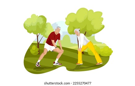 Couple of old senior and woman in city green park. Outdoor activity or healthy lifestyle. Elderly people sportswear suit doing squats stretching, morning exercise. Cartoon isolated vector illustration