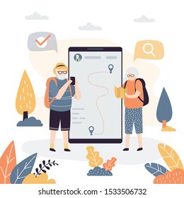 Couple of old tourists make a route. Grandfather and grandmother with luggage. Online navigation. Travel background concept. Elderly backpackers characters. Trendy style vector illustration