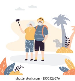 Couple of old tourists take selfies on a background of exotic nature. Grandfather and grandmother on  seascape background. Trendy style vector illustration