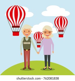 couple the old woman and man grandparents with air balloons flying sky