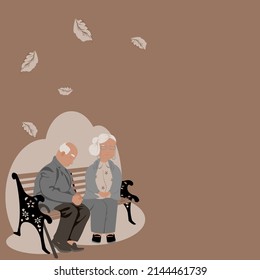 Couple older grandfather and grand mother are sitting together on benches at outdoor under dry leaf on brown background.Vector flat design concept for take care grandparents,lonely people,love forever