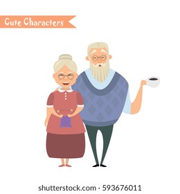 Couple of older people. Grandmother and grandfather. Vector illustration greeting. Lovely elderly couple 