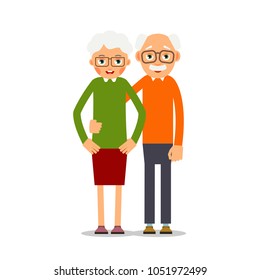 Couple older people. Two aged people stand. Elderly man and woman stand together and hug each other. Illustration isolated on white background in flat style.

