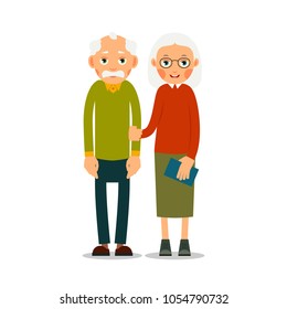 Couple older people. Two aged people stand. Elderly man and woman stand together and hug each other. Illustration isolated on white background in flat style.
