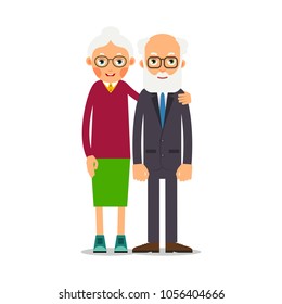 Couple older people. Two aged people stand. Elderly man and woman stand together and hug each other. Illustration isolated on white background in flat style.