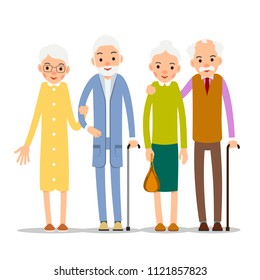 Couple older people. Two aged people stand. Elderly man and woman stand together and hug each other. Illustration isolated on white background in flat style.
