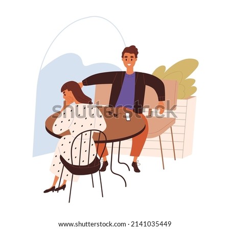 Couple on bad first date. Unlucky uncomfortable dating with unpleasant narcissist. Man, woman dont match. Mismatched people at failed rendezvous. Flat vector illustration isolated on white background