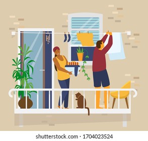 Couple on balcony hanging up laundry. Home activities. Brick house exterior. Flat vector illustration.