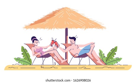 Couple on beach flat doodle illustration. Man and woman on loungers drinking beverages. Summer vacation. Exotic country. Indonesia tourism 2D cartoon character with outline for commercial use