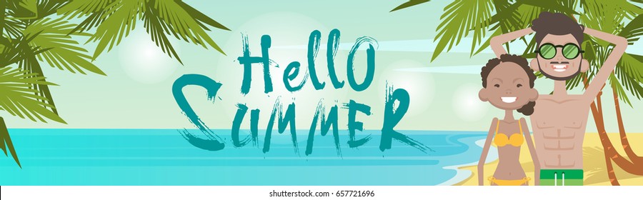 Couple On Beach Hello Summer Vacation Tropical Seaside Ocean View Flat Vector Illustration