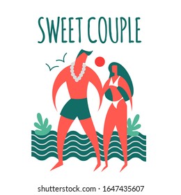 Couple on a beach. Man and girl. Sea Vacation. Stylised people.