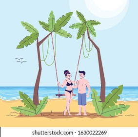 Couple on beach with palm trees flat doodle illustration. Romantic activity. Swinging. Vacation in exotic country. Seaside. Indonesia tourism 2D cartoon character with outline for commercial use