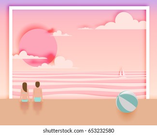 Couple on the beach with paper art style and pastel color scheme vector illustration