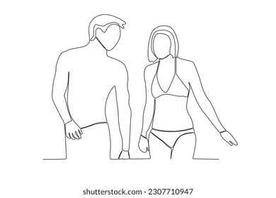 Couple on the beach in summer. Summer one-line drawing