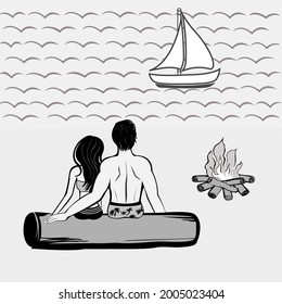 Couple on the beach. Summer vacation. Man and woman silhouettes, sea, sailing boat, sand and fire with burning logs