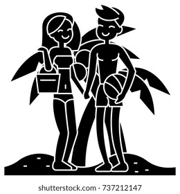 couple on beach, summer vacation, woman and man on beach  icon, vector illustration, sign on isolated background