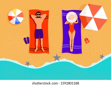 Couple on the beach top view. Man and Woman sunbathing on towels on a beach. Summer Time Vector Illustration