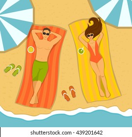 Couple on the beach top view. Man and Woman sunbathing on striped towels on a beach. Summer Time Vector Illustration