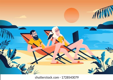 Couple on beach - Two happy people relaxing on a tropical beach paradise on vacation. Reading book and surfing the internet with drink in hand. Sunset and sea in background. Vector illustration.