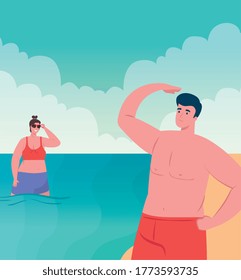 Paar am Strand mit Badeanzug, Frau und Mann in Sommerferien Vektorgrafik-Design