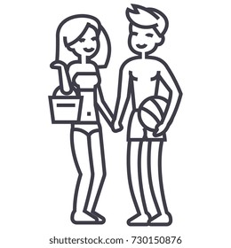 couple on beach,woman and man vacation vector line icon, sign, illustration on white background, editable strokes