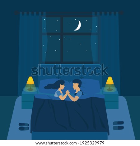 couple on the bed in bedroom at night vector illustration