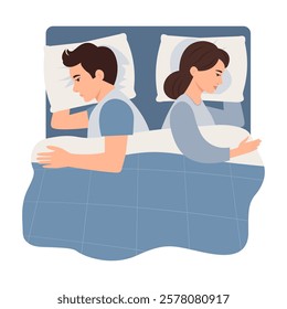 Couple on bed turned back each other. Misunderstanding, disagreement, relationship troubles,intimate problem, sexual dysfunction. Man and woman in quarrel. Vector illustrtion.