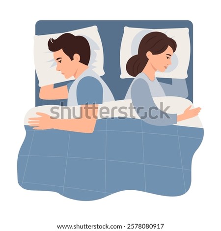 Couple on bed turned back each other. Misunderstanding, disagreement, relationship troubles,intimate problem, sexual dysfunction. Man and woman in quarrel. Vector illustrtion.