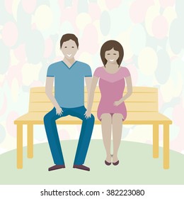 Couple on a Bench /  Couple characters flat vector illustration / Young couple in love sitting together on the bench in the park