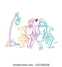 Couple on a bench. Hand drawing illustration.