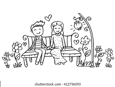 Couple on a bench. Hand drawing illustration.