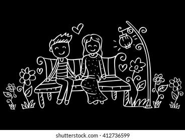 Couple on a bench. Hand drawing illustration.