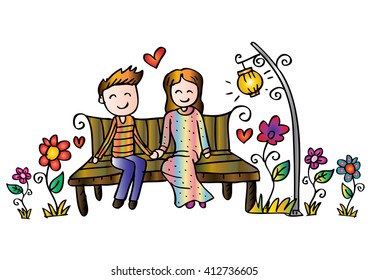 Couple on a bench. Hand drawing illustration.