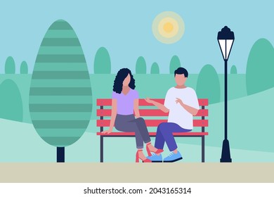Couple on a bench in the park. Colorful flat vector illustration