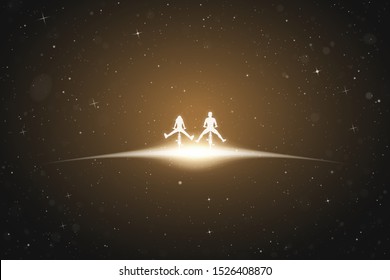 Couple on bicycles in space. Vector conceptual illustration with white silhouettes of two cyclists with legs apart. Yellow abstract background with stars and glowing outline