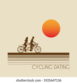 Couple on bike tandem. Cyclists silhouettes on bicycle. Road trip