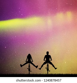 Couple on bikes in park at night. Vector illustration with silhouettes of two cyclists with legs apart. Northern lights in starry sky. Colorful aurora borealis