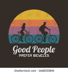 Couple on bikes. Retro illustration with silhouettes of cyclists on bicycles. Road trip of two lovers. Vector background for prints, t-shirts
