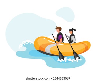 Couple on boat flat vector illustration. Extreme sports experience. Active lifestyle. Summer outdoor fun activities. Ocean turquoise waves. Sportsman isolated cartoon character on blue background