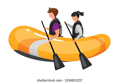 Couple on boat flat vector illustration. Extreme sports experience. Active lifestyle. Outdoor water activities. Teamwork rowing. Sports people isolated cartoon character on white background