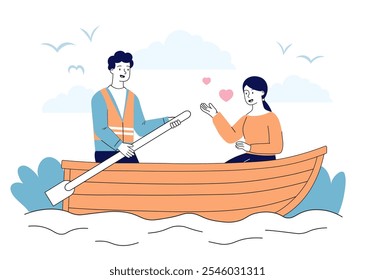 Couple on boat. Man and woman on wooden boat in river or sea. Romantic date outdoors. Love and romance. Recreation and leisure. Linear vector illustration isolated on white background