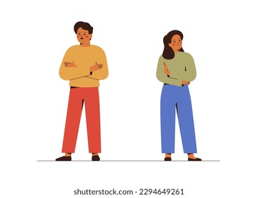 Couple on the brink of divorce stand back to back. Married Man and woman quarrel and do not to want understand each other. Relationship break up and family crisis concept. Vector illustration