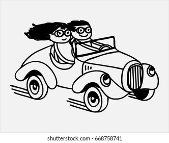 Couple on car in doodle style, vector illustration, husband and wife drive the car together, a humorous view of the family, allegory of family life