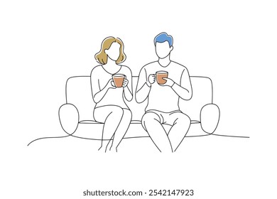 Couple on a couch, enjoying coffee and tea together in a cozy setting isolated continuous line art flat vector illustration on white background