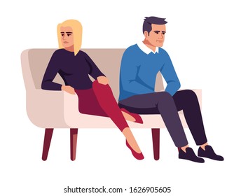 Couple on couch semi flat RGB color vector illustration. People on sofa. Marital conflict. Family quarrel. Unhappy spouses. Psychology consultation. Isolated cartoon character on white background