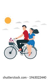 Couple On Cycle Flat Design Illustration