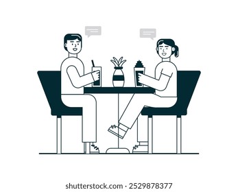 Couple on a date in a cafe, conversations with relationship partners. Character design. Vector flat illustration