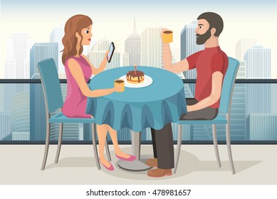 couple on a date celebrating birthday in a roof top cafe with a cake, candle and a cup of tea vector image